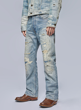 UNSOLUTE 毒液 殿堂级 破坏做旧 40S大战宽松直筒 水洗牛仔裤