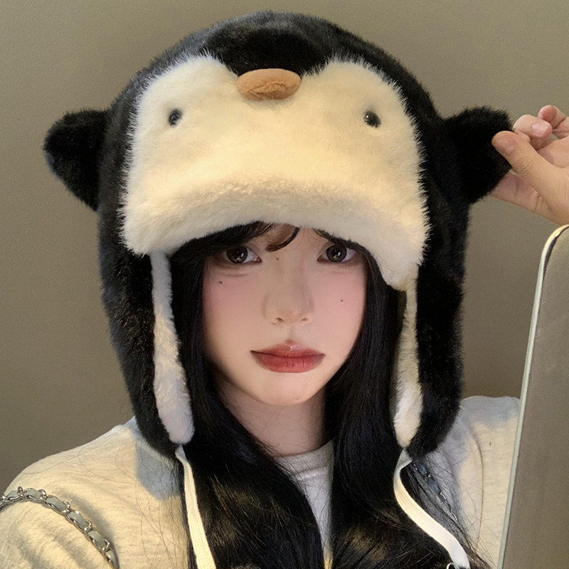 可爱企鹅毛绒帽子女秋冬防寒加厚保暖护耳雷锋帽显脸小骑车滑雪帽
