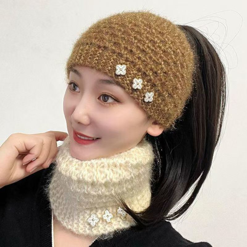毛线护额发带保暖宽边毛线帽头巾头套护耳发箍白发头饰