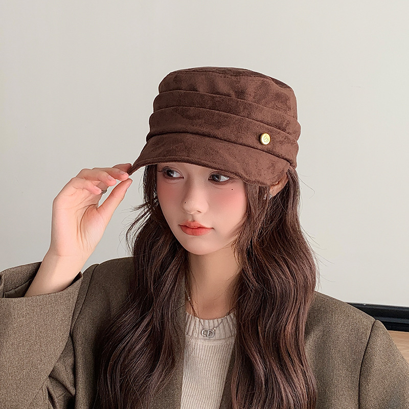 麂皮绒平顶帽子女秋冬新款气质复古百搭马术帽时尚保暖鸭舌帽
