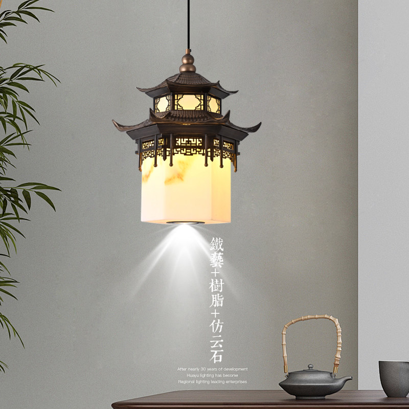 宋式美学客厅主灯仿古禅意六角凉亭茶桌仿云石中式餐厅古建筑吊灯