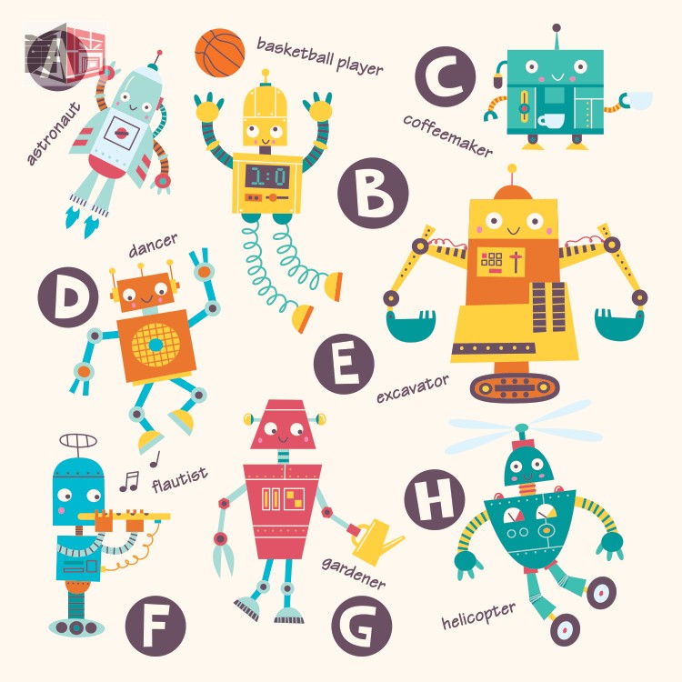 卡通机器人壁纸 儿童英语教育墙纸 机器人教育壁画 儿童房墙画
