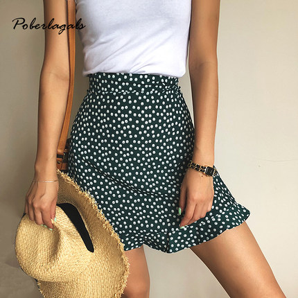 Womens Casual floral Printed ruffles hem High-Waist Skirt