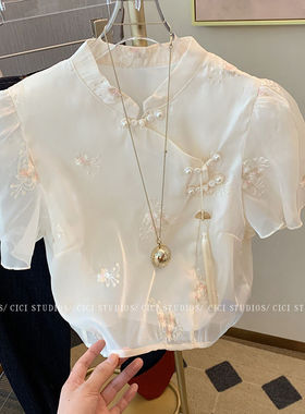 新中式国风刺绣盘扣网纱衬衫女2025夏季新款复古改良旗袍短款小衫