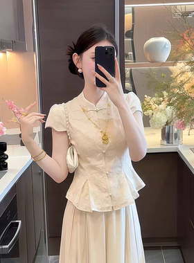 2025新款夏季国风复古重工亮片刺绣盘扣上衣时尚百搭休闲洋气