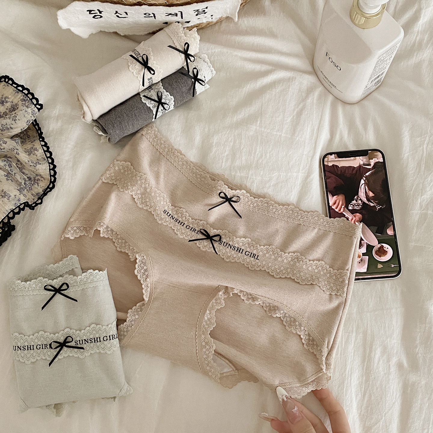 韩式唯美蕾丝蝴蝶结！秋冬保暖暖糯内裤女中腰加厚磨毛棉档抑菌
