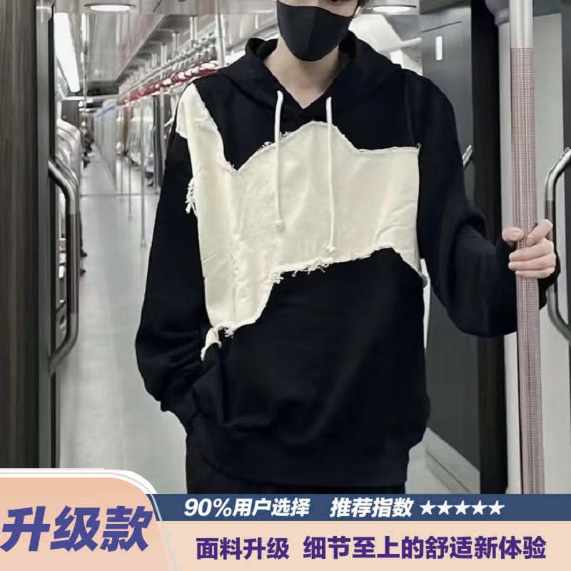国潮美式复古独特别致贴布拼接卫衣女春秋小个子chic港味连帽外套