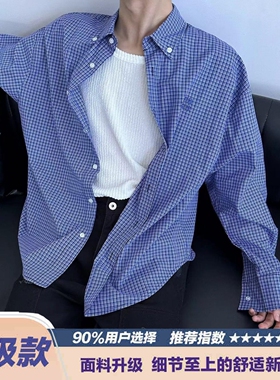 美式复古慵懒宽松蓝色格子长袖衬衫男女春秋季百搭休闲刺绣衬衣潮