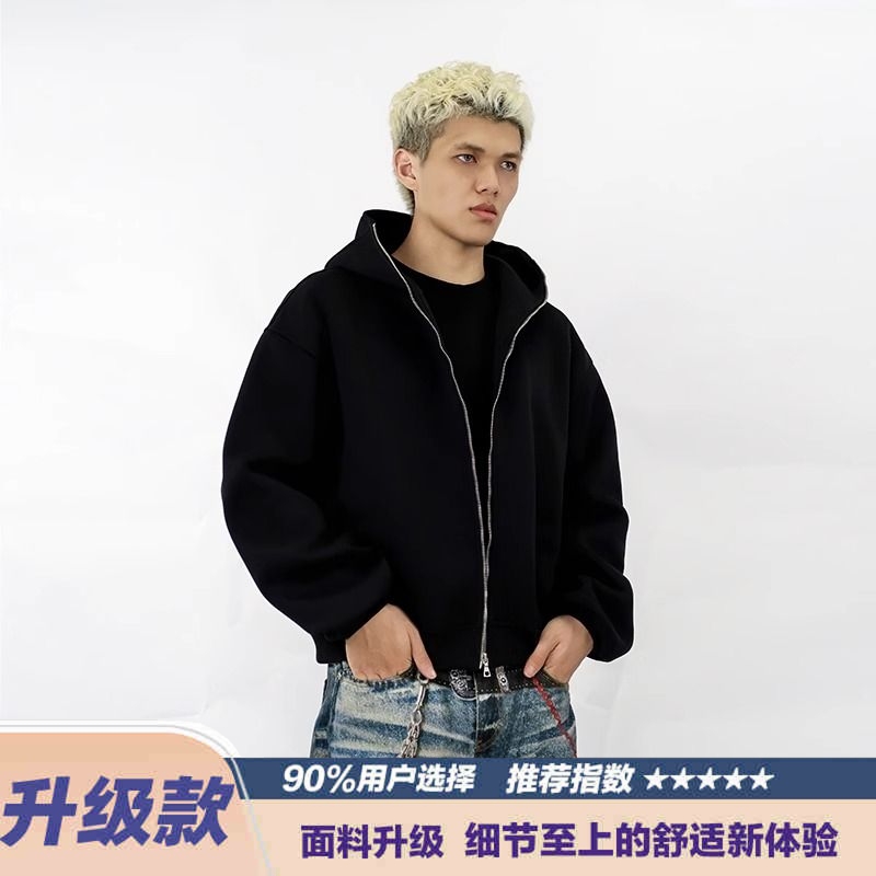 美式复古春秋拉链开衫连帽卫衣男女短款帽衫情侣高街重磅外套帽衫