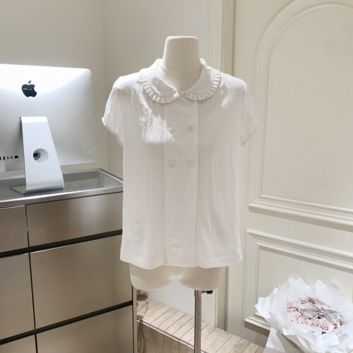 宅女同款 FOT贝壳纽扣双排扣褶皱领娃娃衫上衣宽松