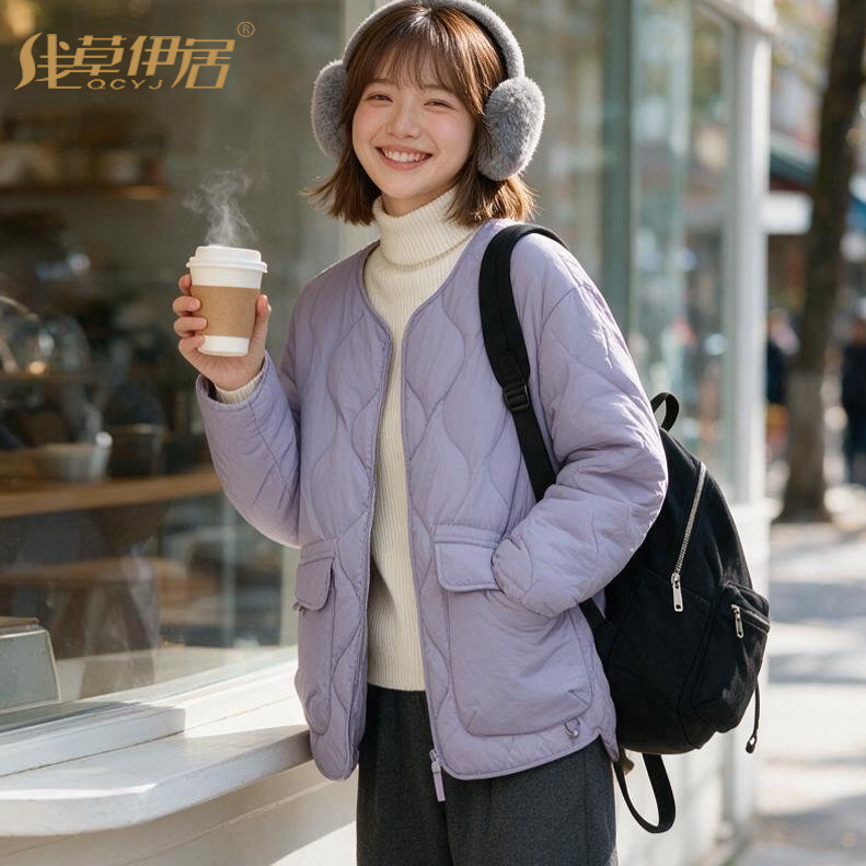 秋冬无领轻薄短款女羽绒服保暖
