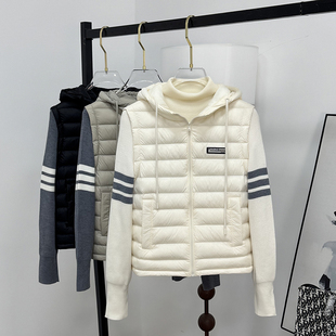 2025秋冬新款 连帽保暖90白鸭绒针织拼接上衣外套 轻薄羽绒服女短款