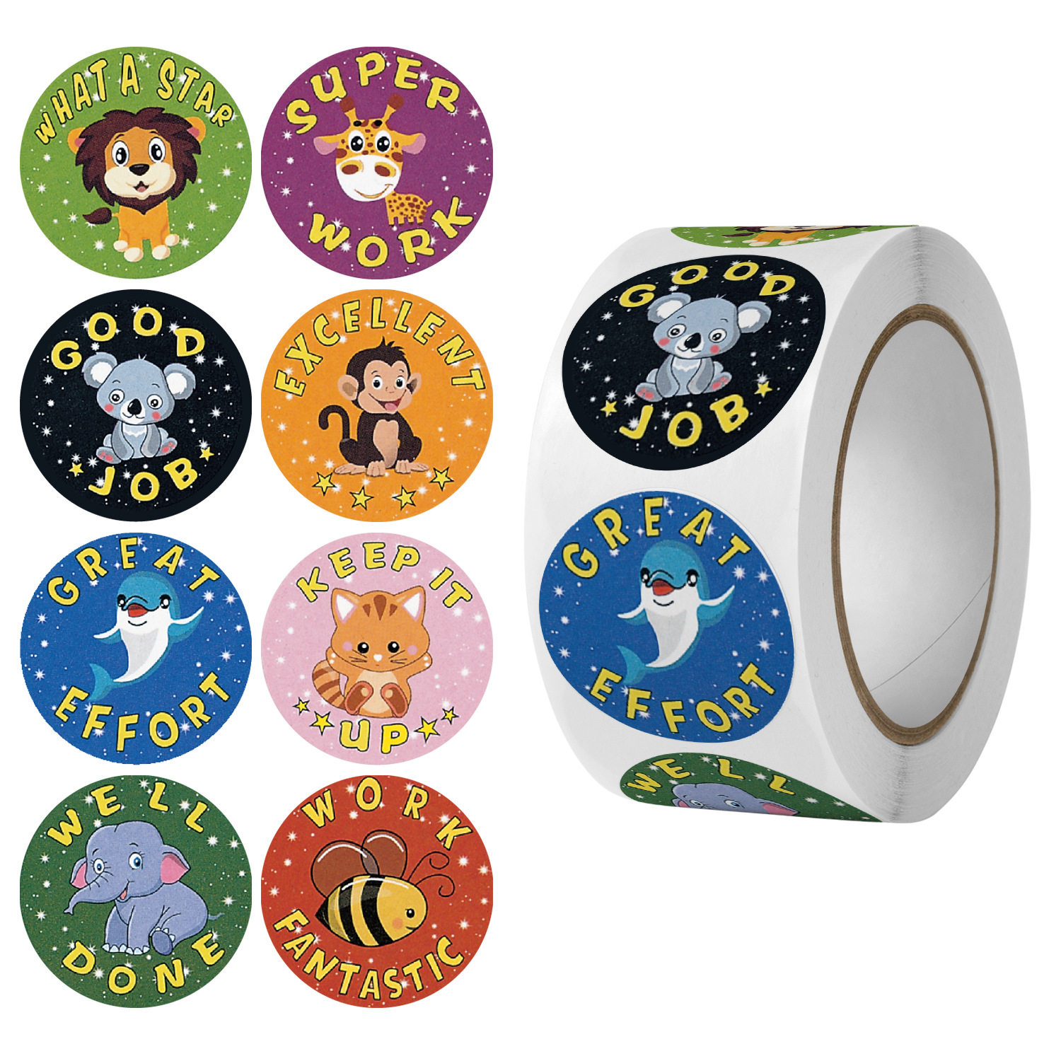 5cm铜版纸卡通封口贴纸 500贴圆形可爱儿童英文贴纸 英语老师专用学生