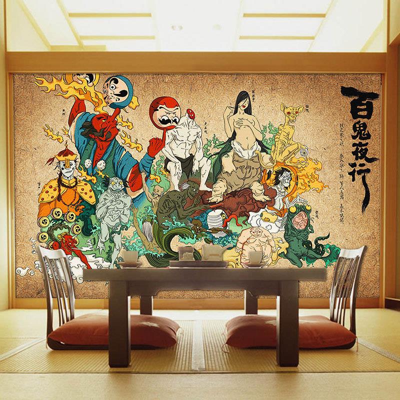日本百鬼夜行背景墙纸日系复古浮世绘鬼怪装饰壁画刺青纹身店壁纸