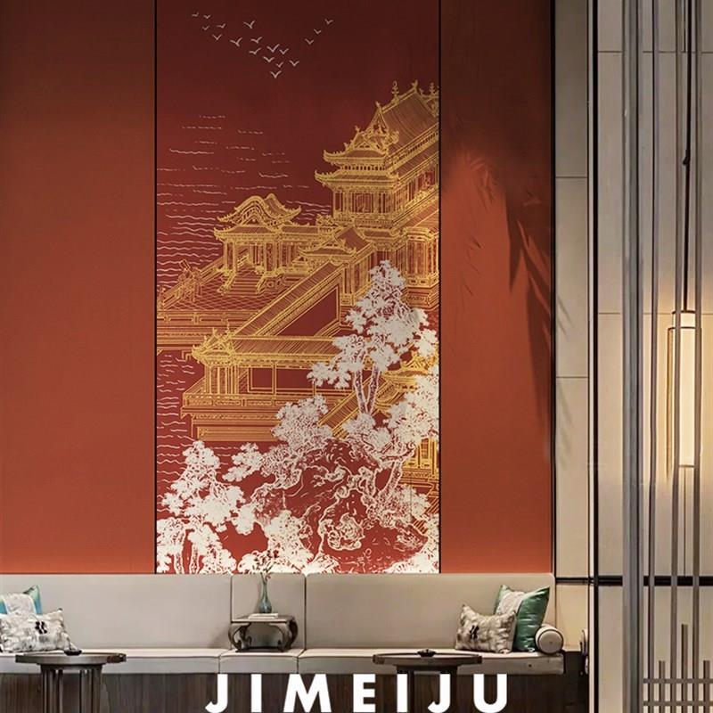 新中式山水楼阁壁纸复古红色墙纸客厅酒店床头背景墙定制壁画墙布