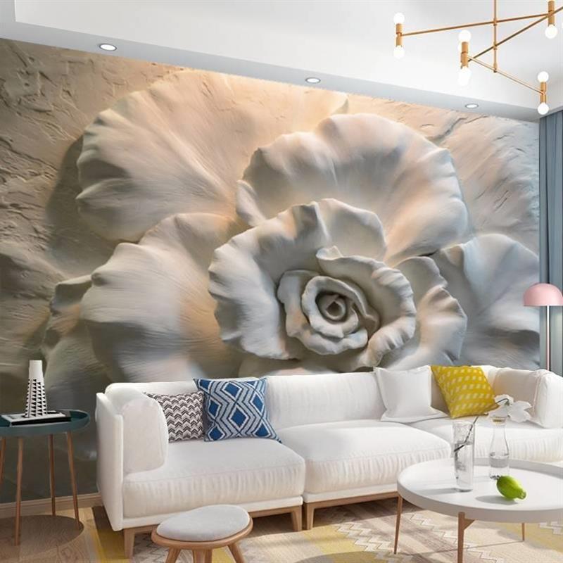 3D浮雕防石膏玫瑰花墙布客厅卧室沙发背景装饰壁布酒吧清吧壁画图片