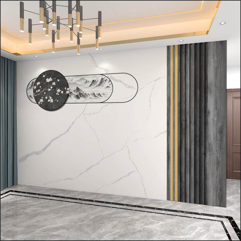 现代新中式客厅几何浮雕玉兰山水墙纸深灰木纹格栅爵士白壁画