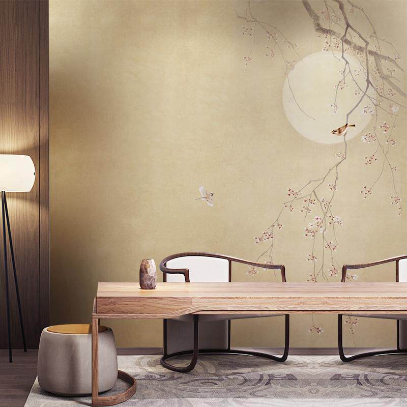 2023新中式意境淡雅花鸟电视沙发背景墙纸壁布客厅茶室定制壁画