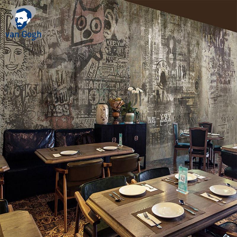 复古水泥灰壁纸工业风餐厅酒吧奶茶店壁画欧式服装店字母涂鸦墙纸