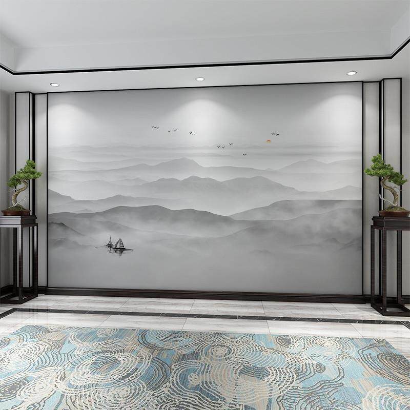 新中式电视背景墙壁纸现代简约山水墨画书房墙纸装饰壁布影视墙布