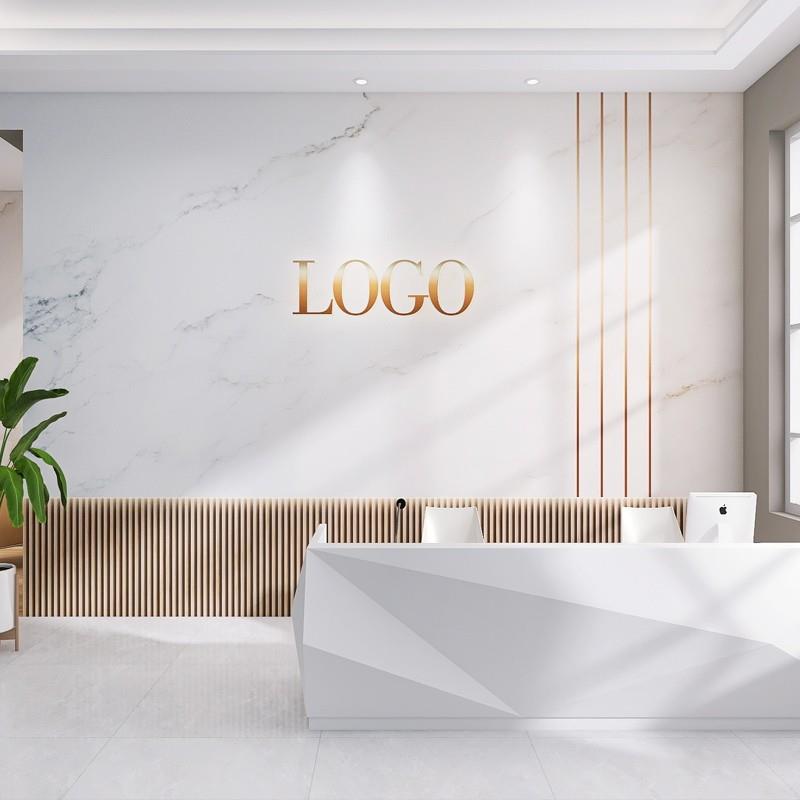 美容院墙纸办公室公司前台LOGO背景墙布3d立体木格栅壁纸大理石