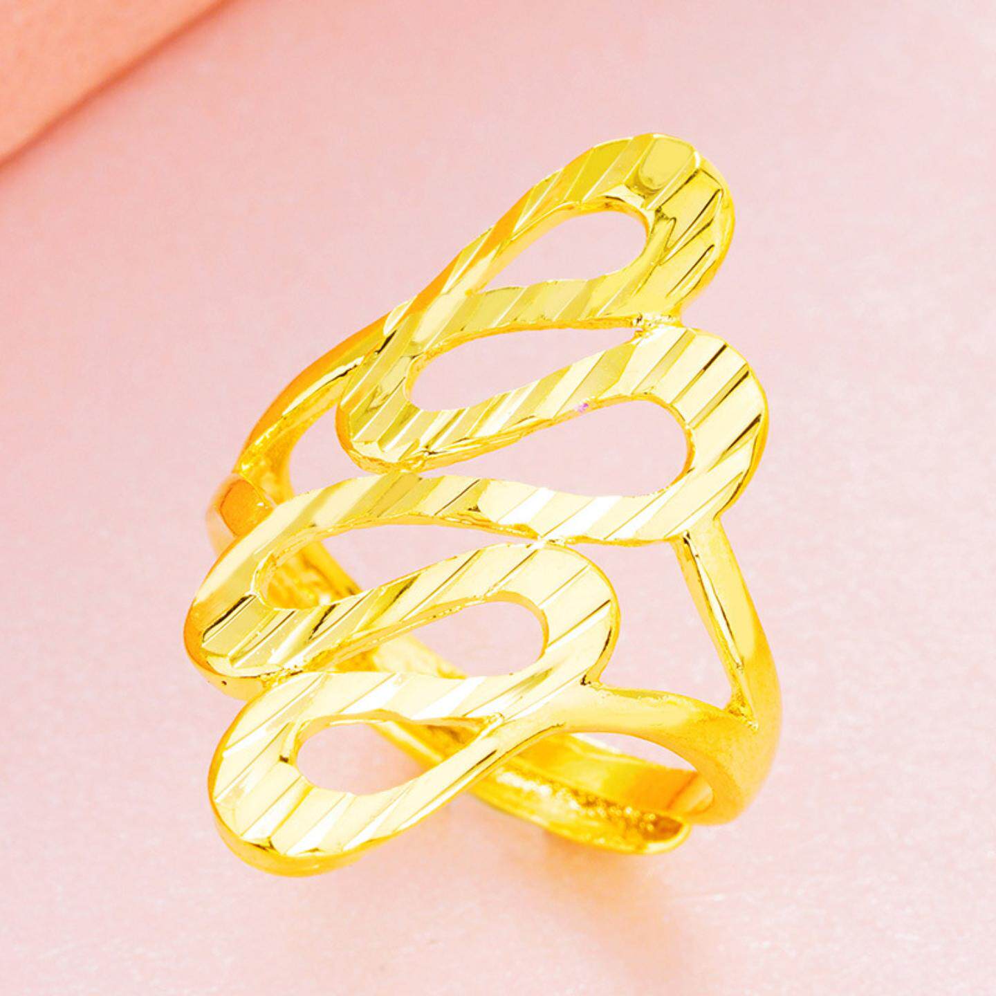 新品沙金铜镀金女开口喷砂蛇形镂空大戒指 镀24K真金S形手饰