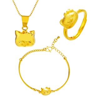 韩版镀24k真黄金K&T猫戒指套装 越南沙金卡通猫手链 萌猫吊坠