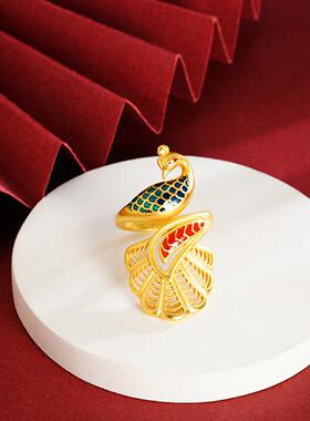 古法沙金戒指复古民族风孔雀女珐琅彩手饰轻奢久不掉色铜镀金饰品