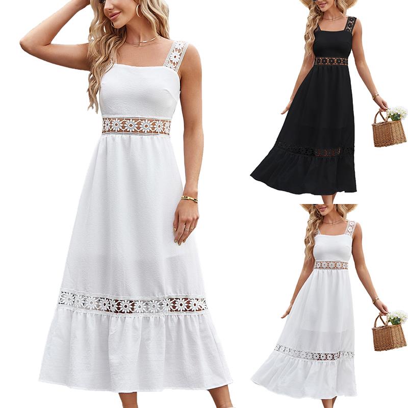 Hollow Lace Patchwork Square Neck Sleeveless Cami Dress