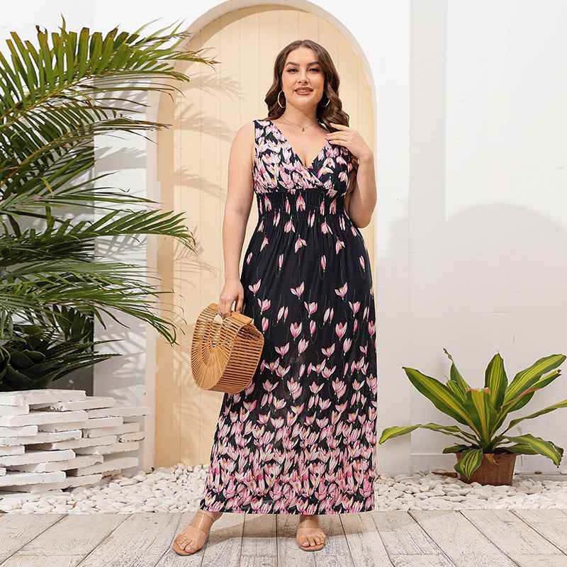 plus size summer dress 大码印花连衣裙 冰丝V领度假沙滩裙长裙