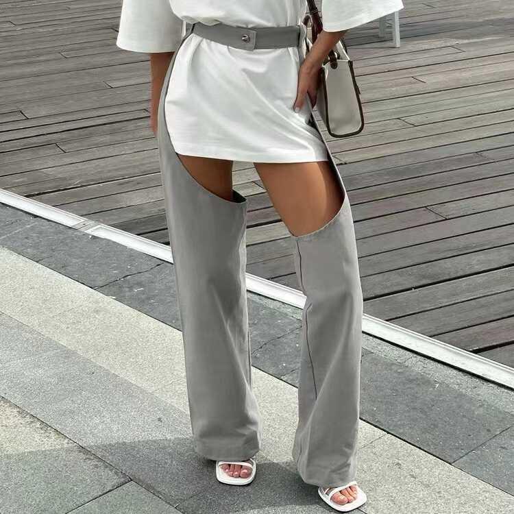 欧美风时尚镂空性感高腰直筒休闲裤Hollow out sexy casual pants