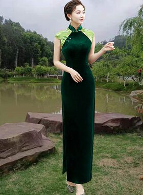 优雅演出旗袍拼接金丝绒走秀礼服