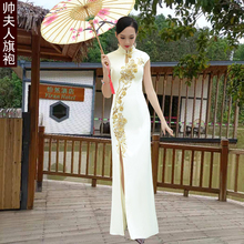 丝绸走秀长款旗袍2025新品修身优雅改良复古短袖刺绣显瘦演出礼服
