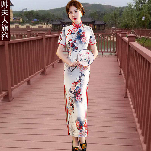 印花长款旗袍演出走秀短袖夏季新