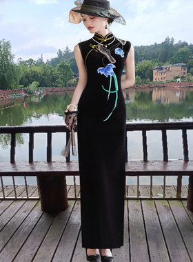 高端金丝绒旗袍长款走秀黑色无袖