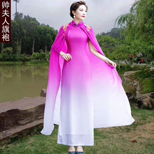走秀旗袍披肩两件套优雅长款短袖