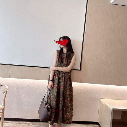 慵懒腔调~桑蚕丝香云纱印花无袖连衣裙背心裙女士夏季圆领大摆