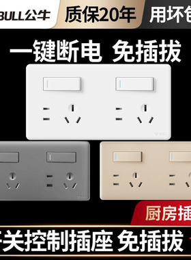 公牛二开十孔多孔面板厨房专用家用墙壁插座带开关连体双86型g28