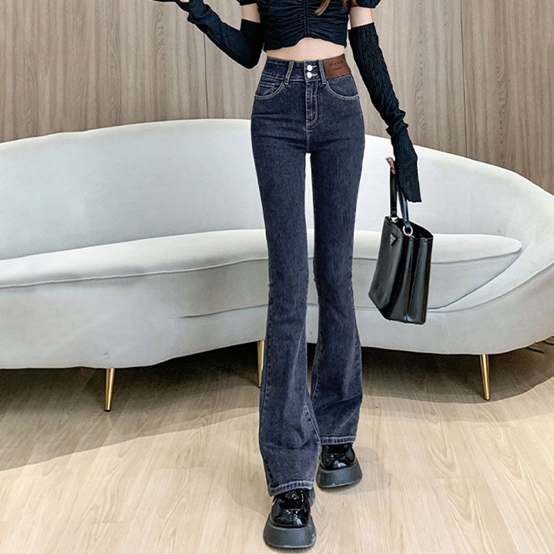 2024年新款牛仔喇叭裤女装双扣设计感高腰弹力显瘦微喇拖地裤潮流图片