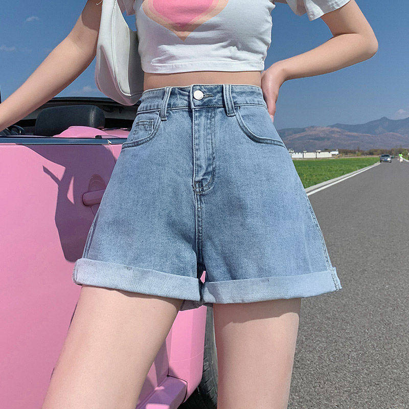 2023年新款宽松显白色高腰设计感牛仔短裤女装瘦辣妹a字阔腿热裤