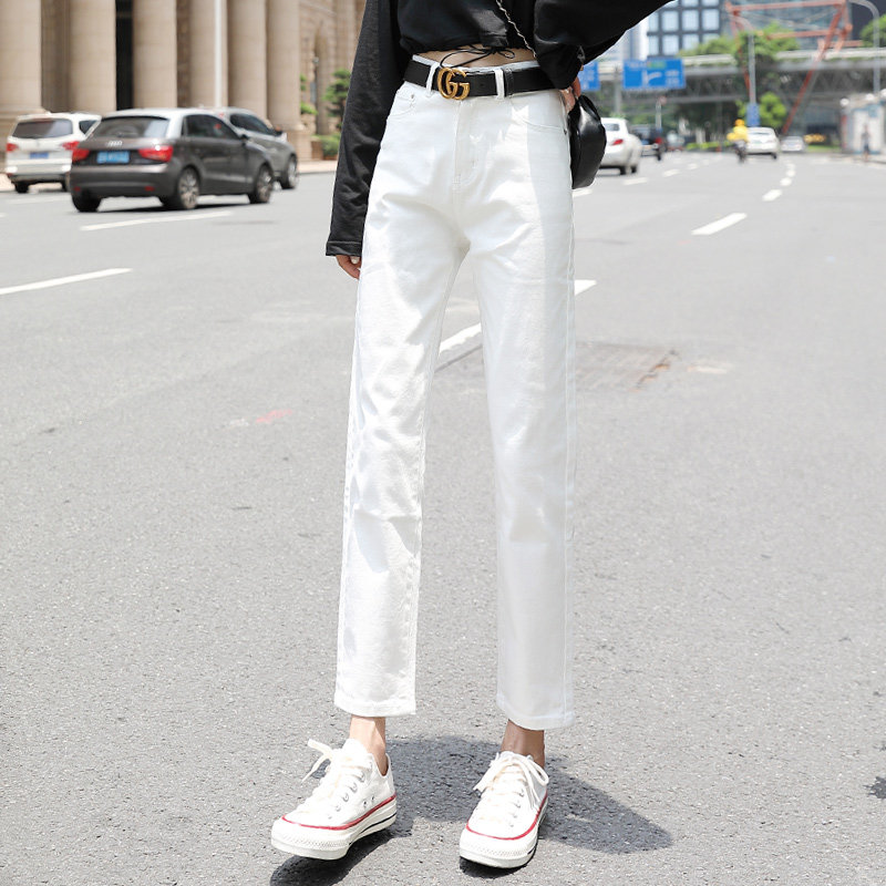 白色牛仔裤女宽松直筒女春装2020款裤子高腰韩版显瘦萝卜九分裤