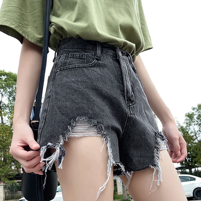 黑色胖mm高腰破洞牛仔短裤女新款韩版学生宽松阔腿显瘦a字裤女潮