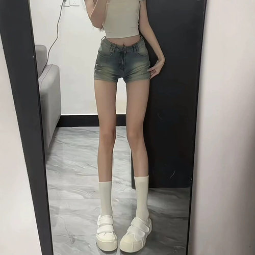 辣妹美式复古牛仔短裤夏季设计新款高腰显瘦裤子做旧直筒热裤水洗
