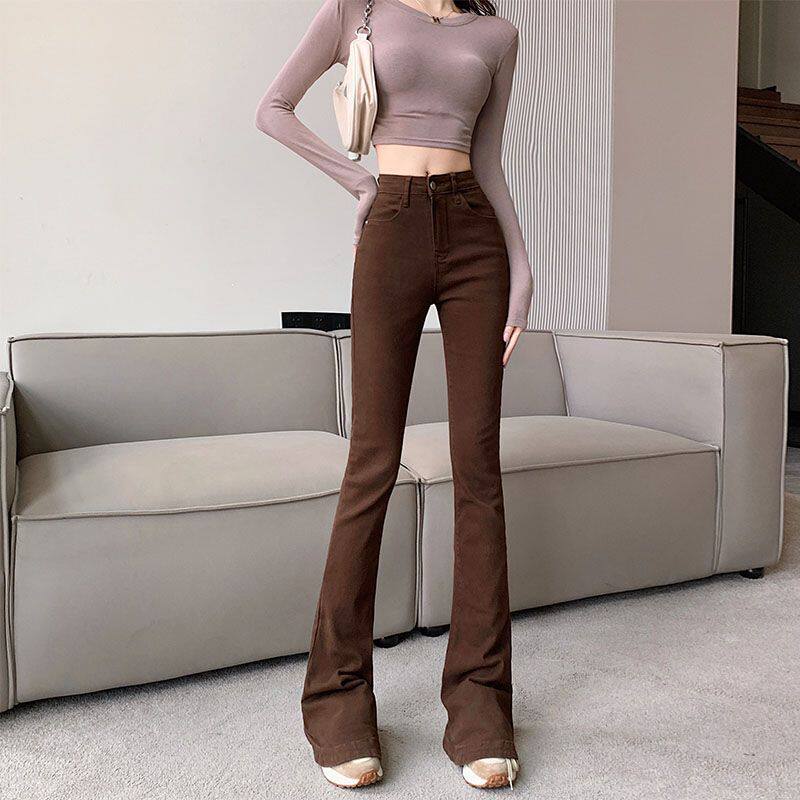 微喇叭牛仔裤女高腰2023新款秋冬紧身显瘦弹力直筒宽松拖地裤子潮