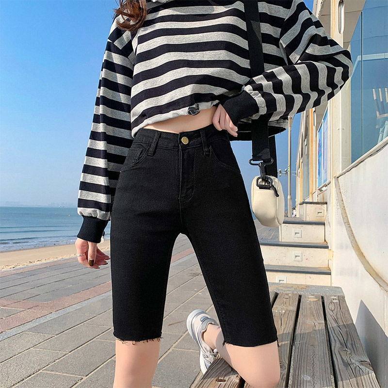 破洞牛仔五分中裤女装夏季薄新款高腰短裤韩版学生显瘦紧身骑行裤