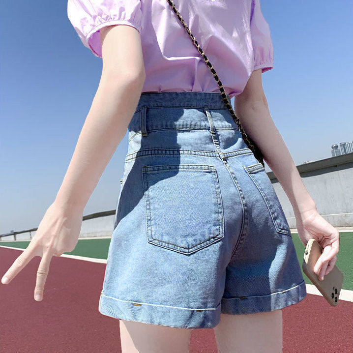 高腰牛仔短裤女2023夏新款小个子宽松显瘦网红阔腿a字超热裤子ins