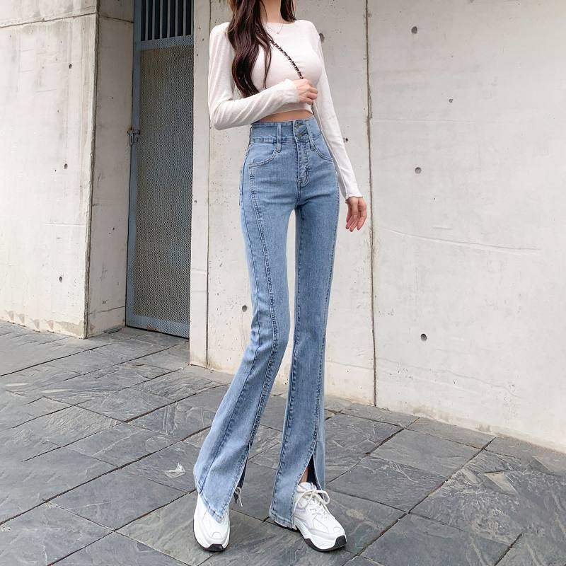 时尚前开叉牛仔裤女2023年春秋新款高腰显瘦弹力微喇叭裤子女潮