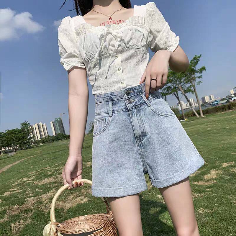高腰牛仔短裤女薄款2023夏季新款阔腿宽松显瘦卷边百搭学生热裤潮