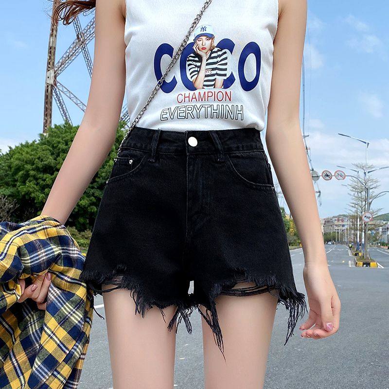 黑色大码牛仔短裤女宽松显瘦夏季ins潮高腰不规则毛边阔腿a字热裤