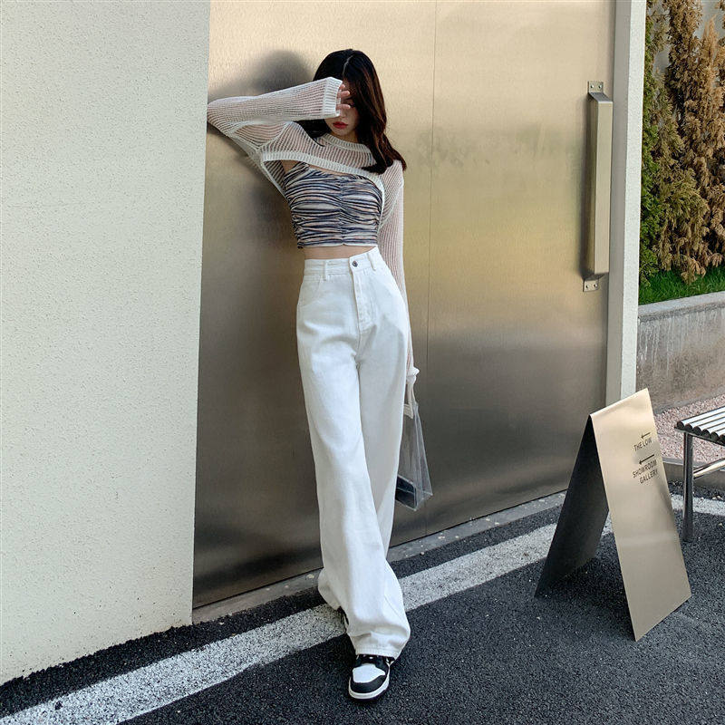 米白色韩版阔腿牛仔裤女宽松高腰显瘦显高小众设计感垂坠感拖地裤